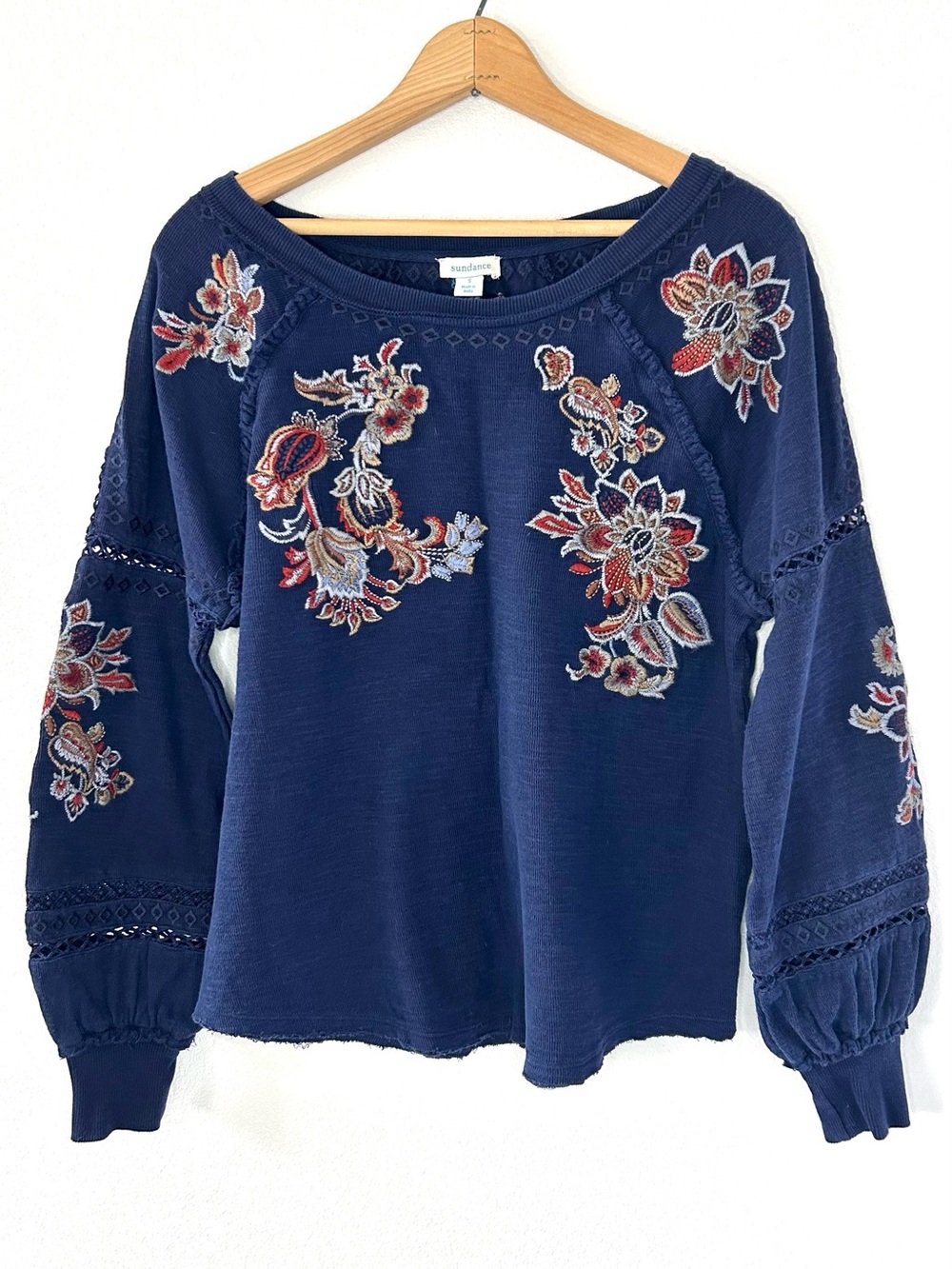 Sundance Navy Blue Floral Appliqué Lace Sweatshirt Cotton Boho Western Cozy S